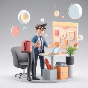 A drawing of a person standing in front of a computer with floating elements.